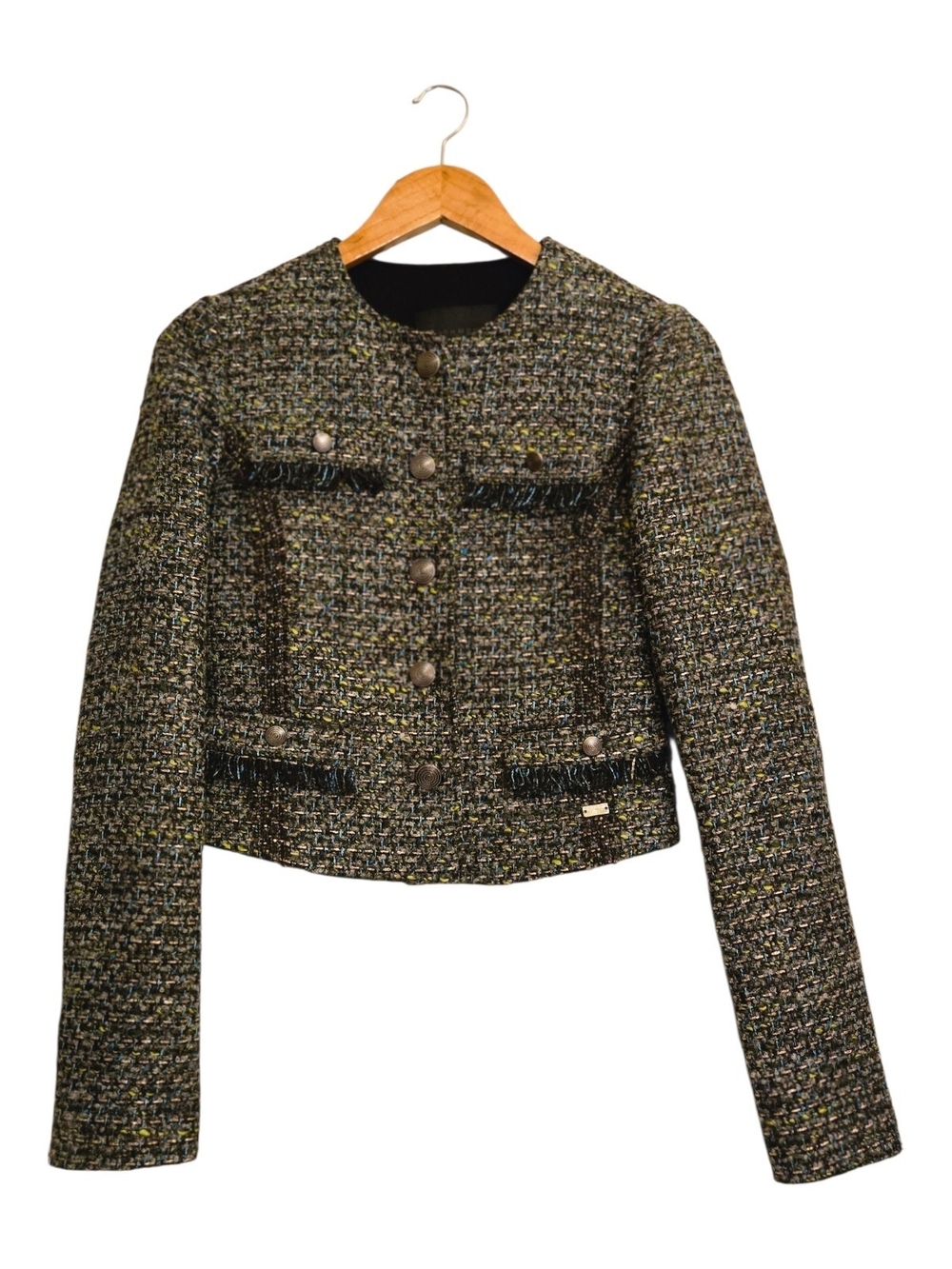 Richmond Jr Brand: Cropped Tweed Women’s Jacket in Olive Multi Size Small